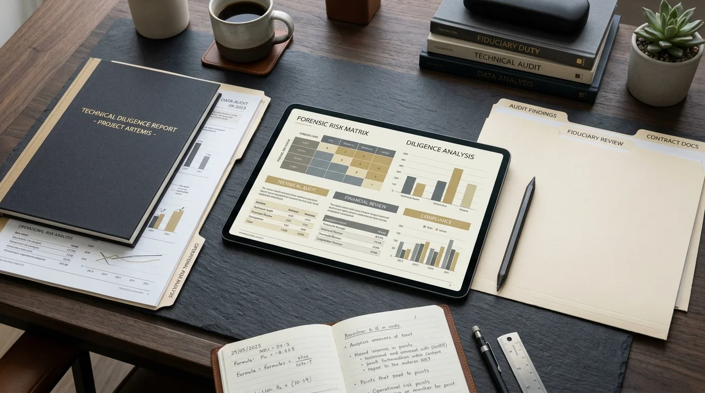Composição de auditoria documental com tablet exibindo matriz de riscos, relatórios analíticos, pastas de diligência e caderno sobre a mesa de trabalho.