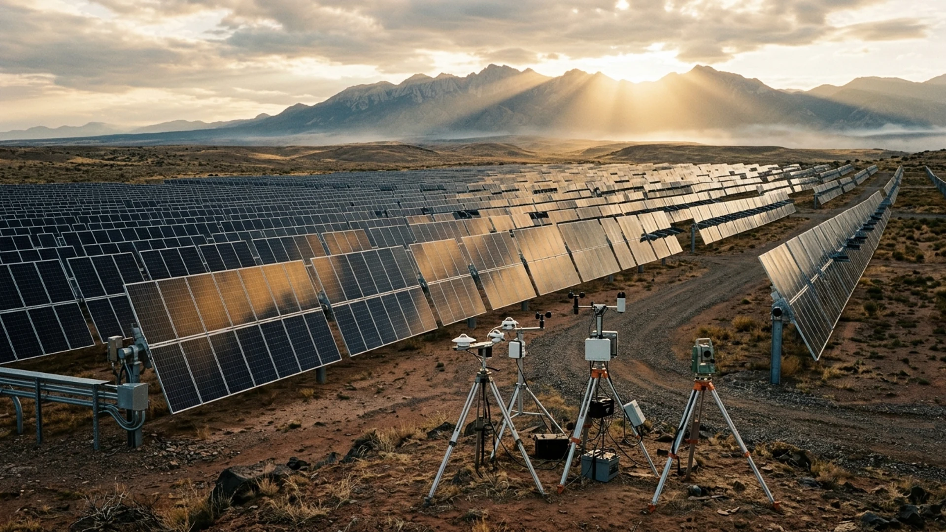 Monumental solar farm with monocrystalline panels under golden and sapphire light, overlaid with technical I-V curve diagrams.