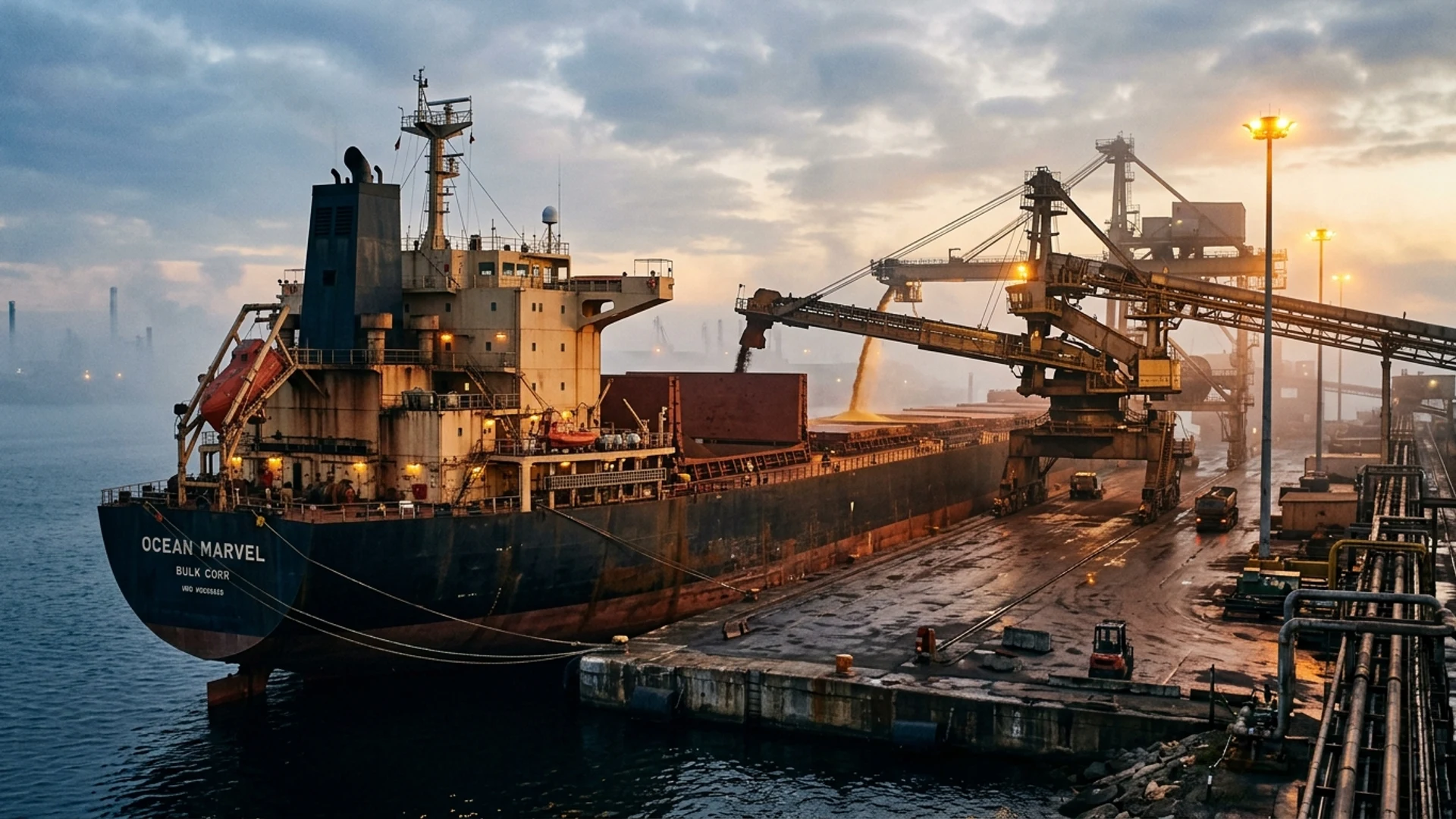 Fotografia cinematográfica de navio graneleiro Panamax atracado ao crepúsculo com carregamento contínuo de grãos e guindastes monumentais em terminal oceânico de águas profundas