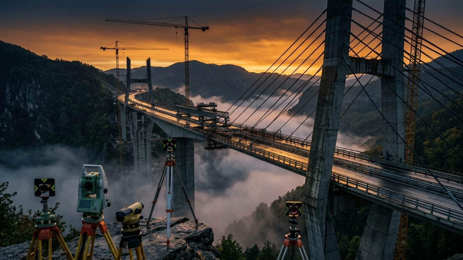 Estrutura monumental de ponte estaiada e rodovia duplicada com iluminação de crepúsculo dourado, representando obras de infraestrutura pesada.
