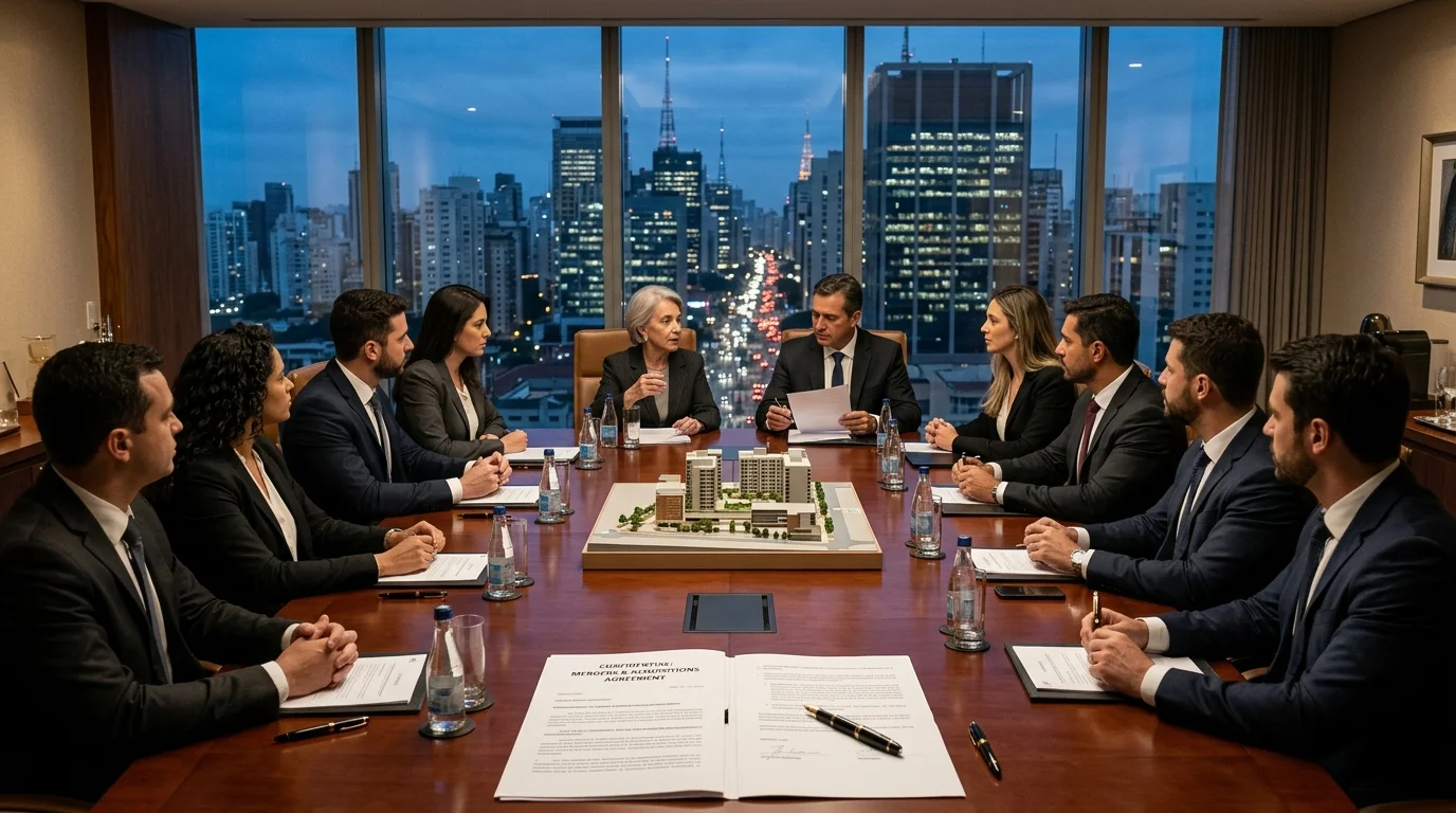 Executive boardroom mahogany table with M&A contracts and financial city skyline view.