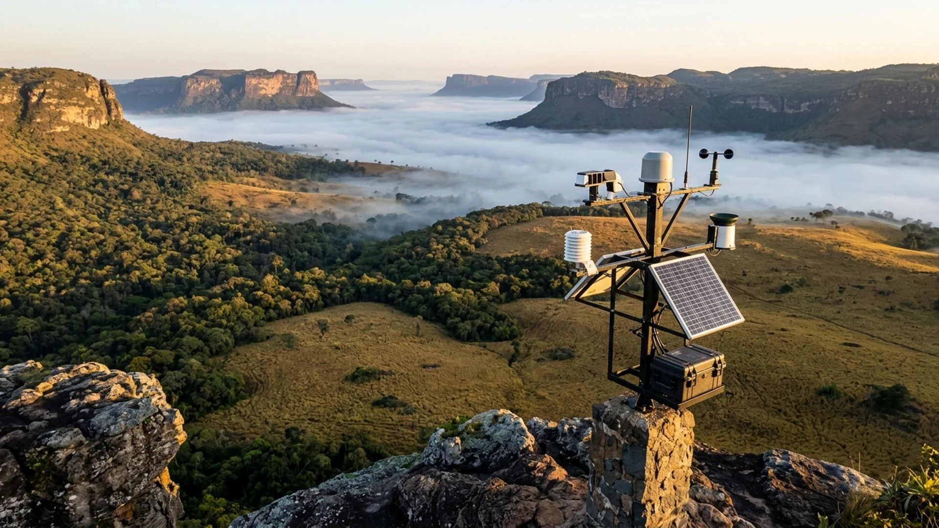 Panorama of the Brazilian Cerrado savanna at dawn with tableland chapadas and palm veredas, overlaid with subtle environmental telemetry contours.