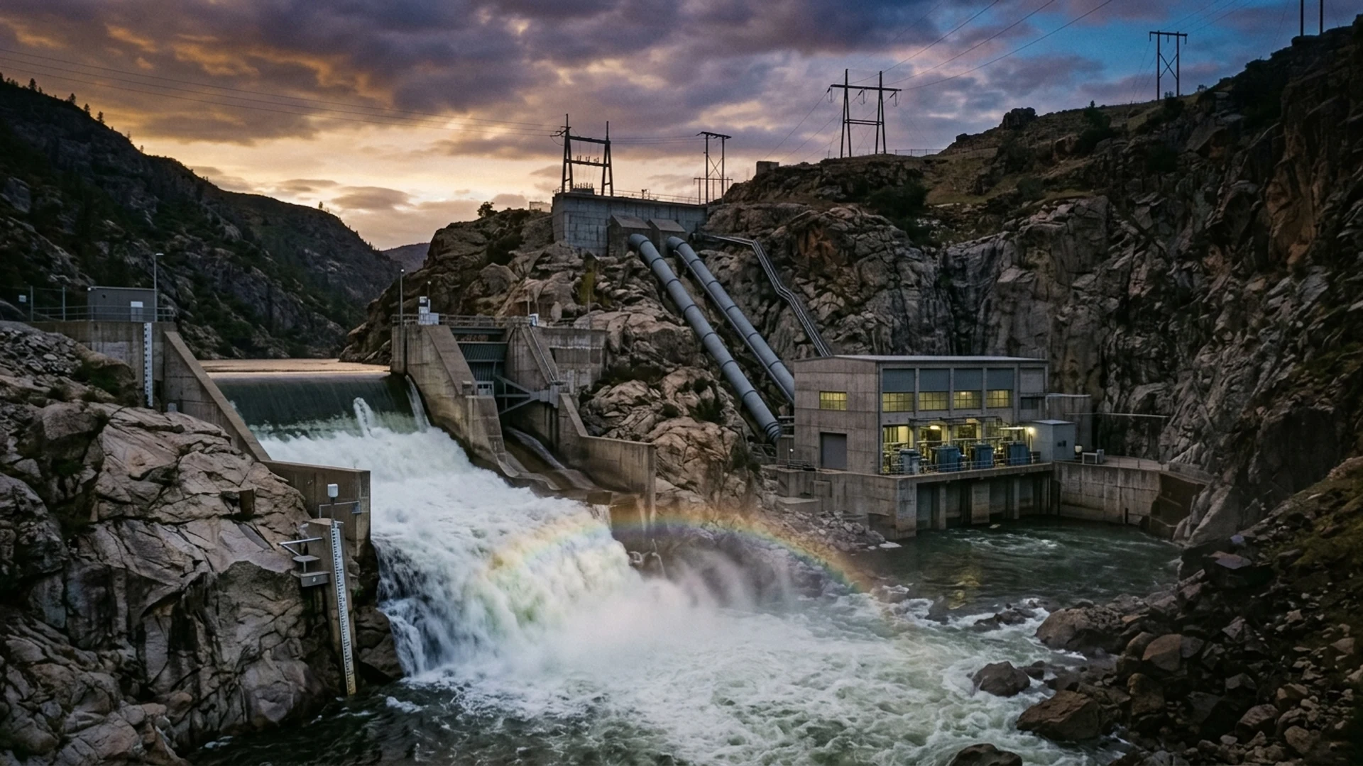 Aerial view of a Small Hydropower Plant featuring a roller-compacted concrete dam, run-of-river reservoir, and substation.