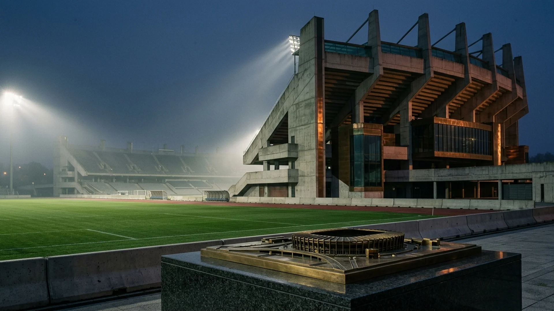 Monumental illuminated stadium at twilight integrated with corporate governance charts in midnight-sapphire and gold.