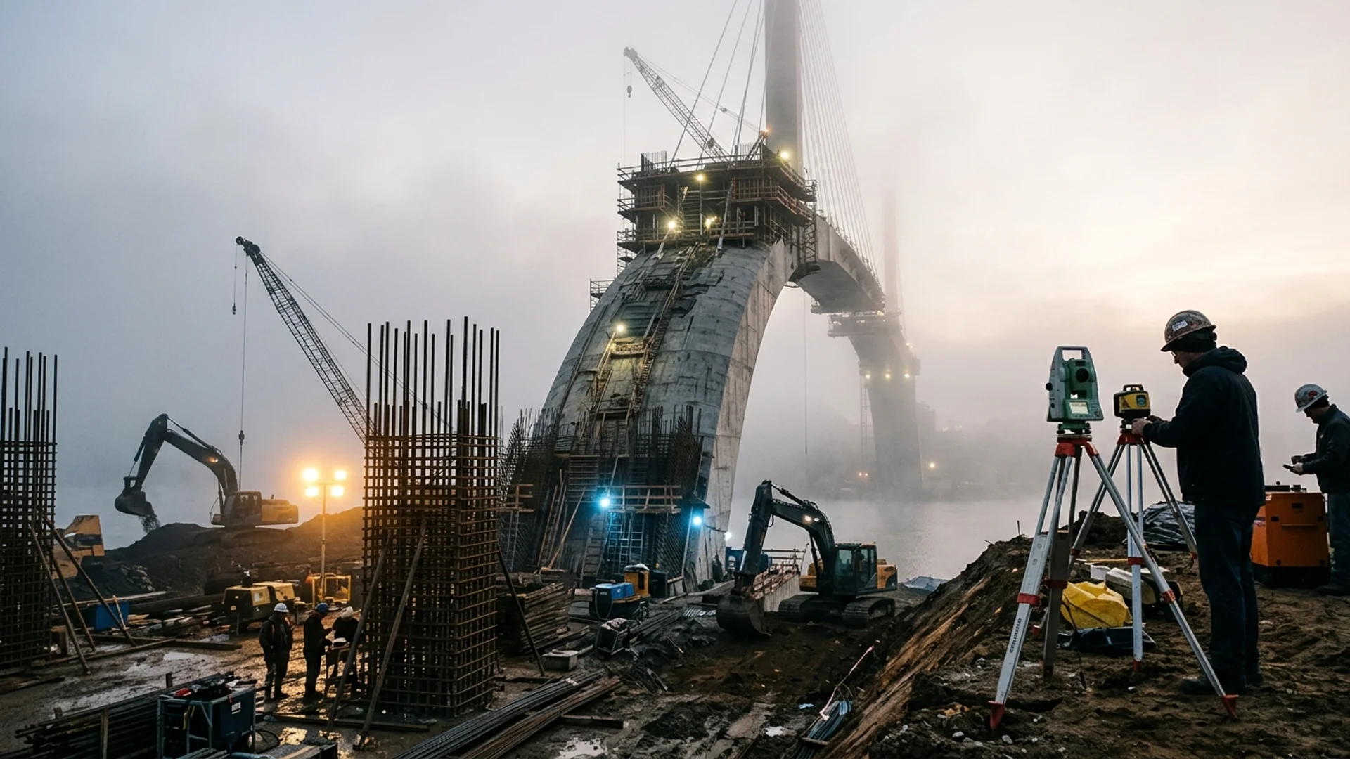Monumental cable-stayed bridge and elevated expressway under construction at golden hour in sapphire and gold palette with technical drafting lines.