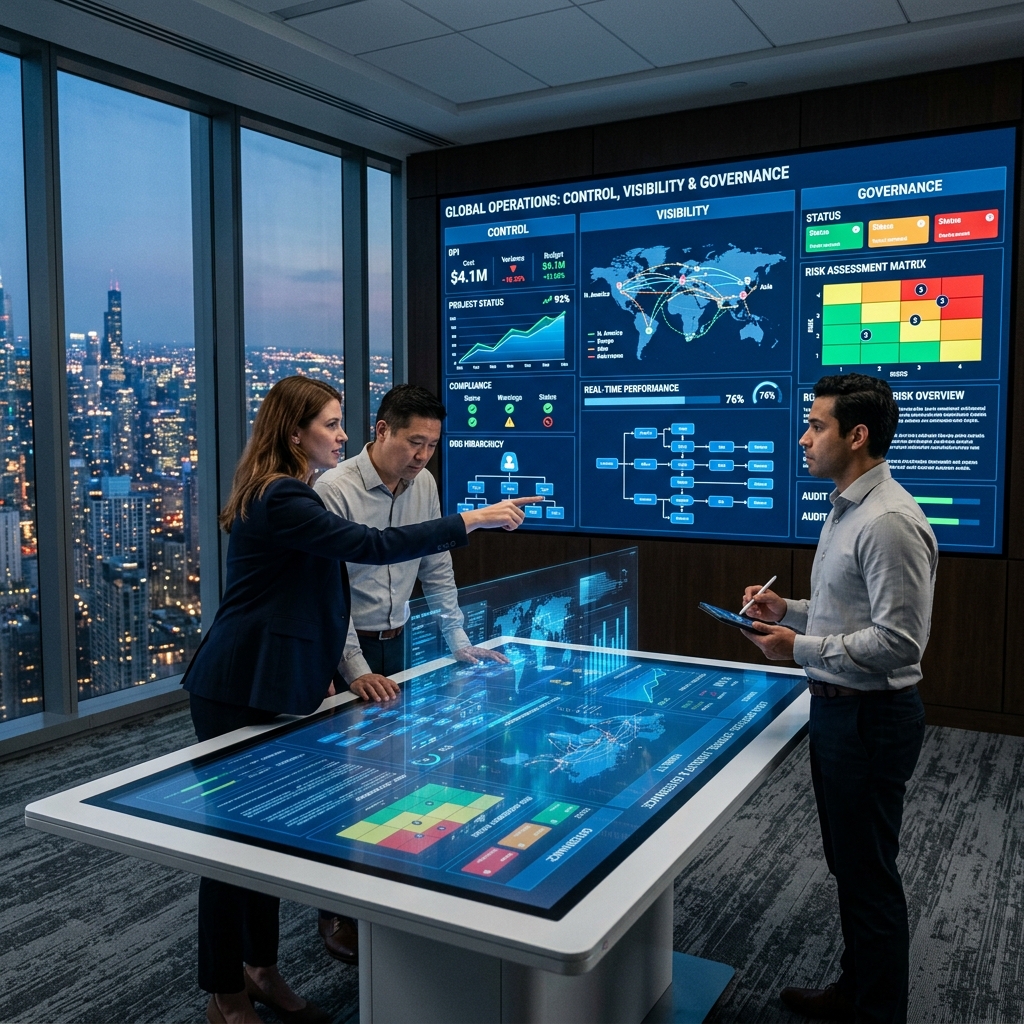 Global operations team reviewing real-time control, visibility, and governance dashboards across a multi-panel command center